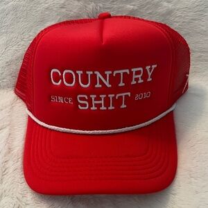 Red Trucker Hat with White country shit Embroidery